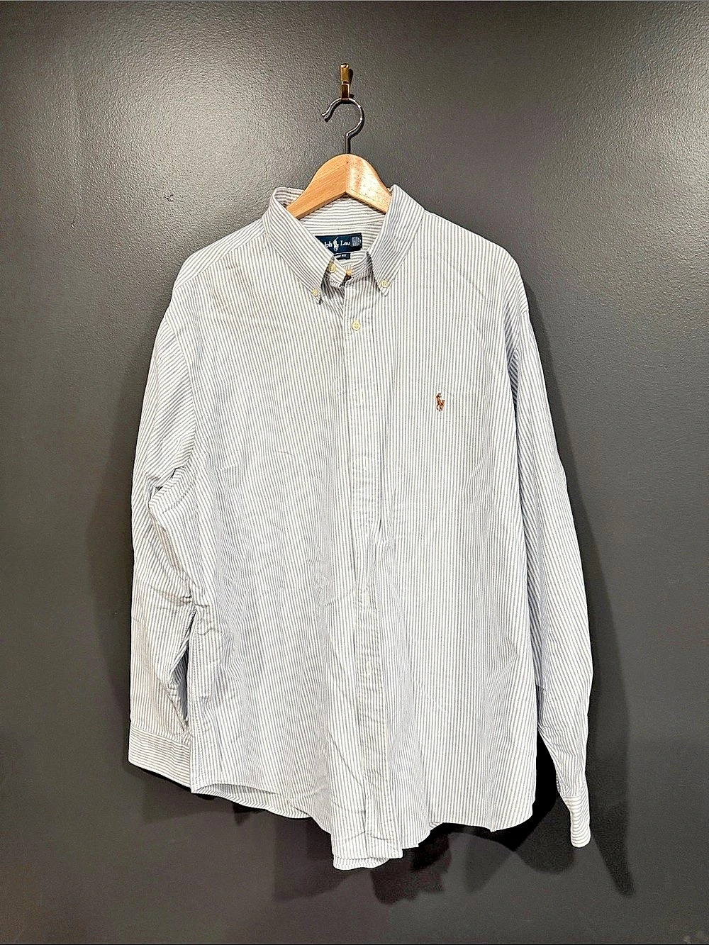 Ralph Lauren Striped Button Down Shirt in White & Blue Like New